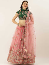 Pink Net Semi Stitched Coding and Mirror work Lehenga Choli